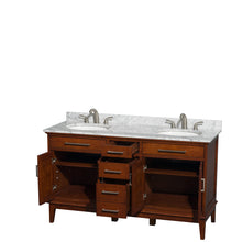 Load image into Gallery viewer, Wyndham Hatton 60 Inch Double Bathroom Vanity in Light Chestnut, White Carrara Marble Countertop, Undermount Oval Sinks, and No Mirror- Wyndham