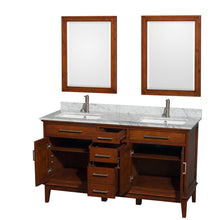 Load image into Gallery viewer, Wyndham Hatton 60 Inch Double Bathroom Vanity in Light Chestnut, White Carrara Marble Countertop, Undermount Square Sinks, and 24 Inch Mirrors- Wyndham