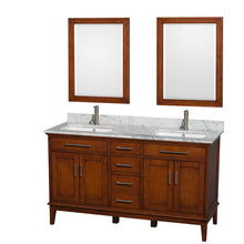 Load image into Gallery viewer, Wyndham Hatton 60 Inch Double Bathroom Vanity in Light Chestnut, White Carrara Marble Countertop, Undermount Square Sinks, and 24 Inch Mirrors- Wyndham
