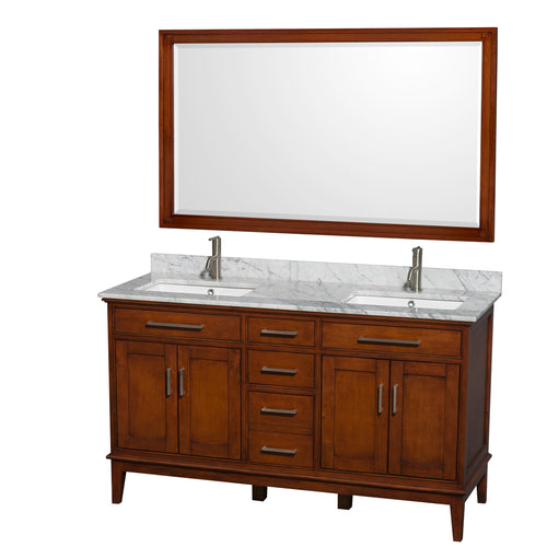 Wyndham Hatton 60 Inch Double Bathroom Vanity in Light Chestnut, White Carrara Marble Countertop, Undermount Square Sinks, and 56 Inch Mirror- Wyndham