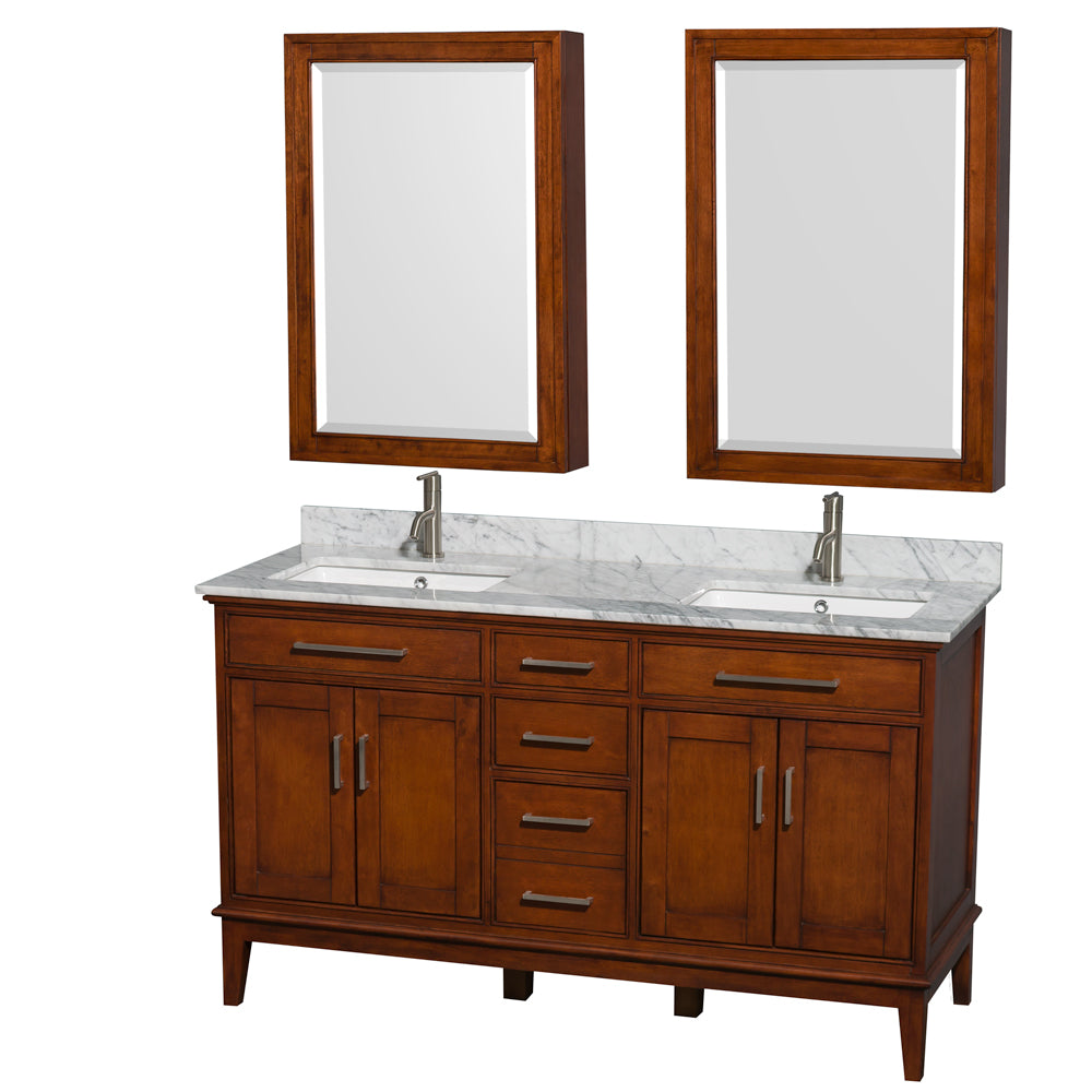 Wyndham Hatton 60 Inch Double Bathroom Vanity in Light Chestnut, White Carrara Marble Countertop, Undermount Square Sinks, 24 Inch Medicine Cabinets- Wyndham