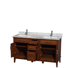 Load image into Gallery viewer, Wyndham Hatton 60 Inch Double Bathroom Vanity in Light Chestnut, White Carrara Marble Countertop, Undermount Square Sinks, and No Mirror- Wyndham
