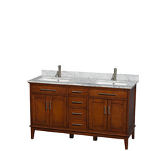 Load image into Gallery viewer, Wyndham Hatton 60 Inch Double Bathroom Vanity in Light Chestnut, White Carrara Marble Countertop, Undermount Square Sinks, and No Mirror- Wyndham