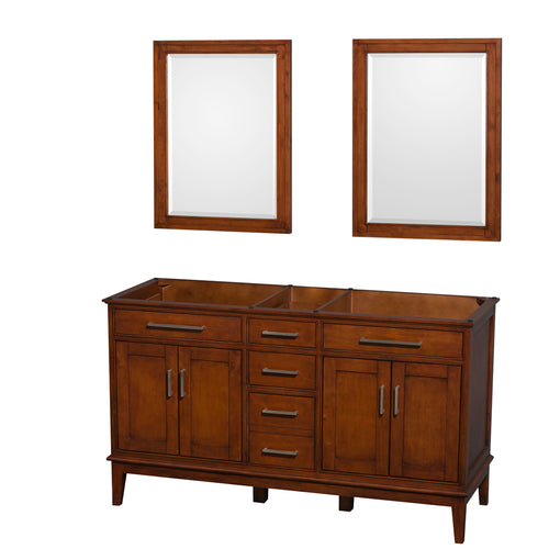 Wyndham Hatton 60 Inch Double Bathroom Vanity in Light Chestnut, No Countertop, No Sinks, and 24 Inch Mirrors- Wyndham