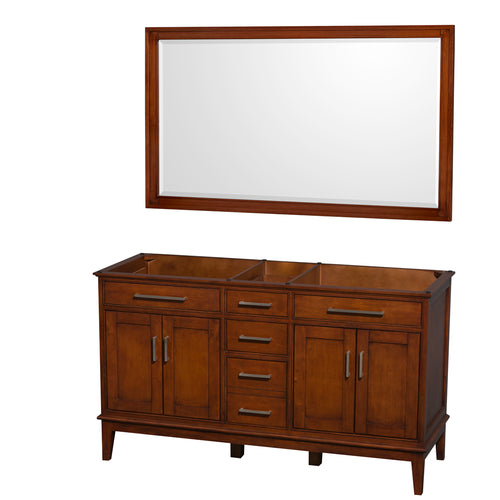 Wyndham Hatton 60 Inch Double Bathroom Vanity in Light Chestnut, No Countertop, No Sinks, and 56 Inch Mirror- Wyndham