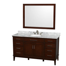 Load image into Gallery viewer, Wyndham Hatton 60 Inch Single Bathroom Vanity in Dark Chestnut, White Carrara Marble Countertop, Undermount Oval Sink, and 44 Inch Mirror- Wyndham