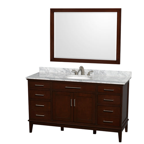 Wyndham Hatton 60 Inch Single Bathroom Vanity in Dark Chestnut, White Carrara Marble Countertop, Undermount Oval Sink, and 44 Inch Mirror- Wyndham