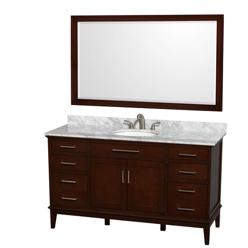 Wyndham Hatton 60 Inch Single Bathroom Vanity in Dark Chestnut, White Carrara Marble Countertop, Undermount Oval Sink, and 56 Inch Mirror- Wyndham