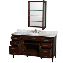 Load image into Gallery viewer, Wyndham Hatton 60 Inch Single Bathroom Vanity in Dark Chestnut, White Carrara Marble Countertop, Undermount Oval Sink, and Medicine Cabinet- Wyndham