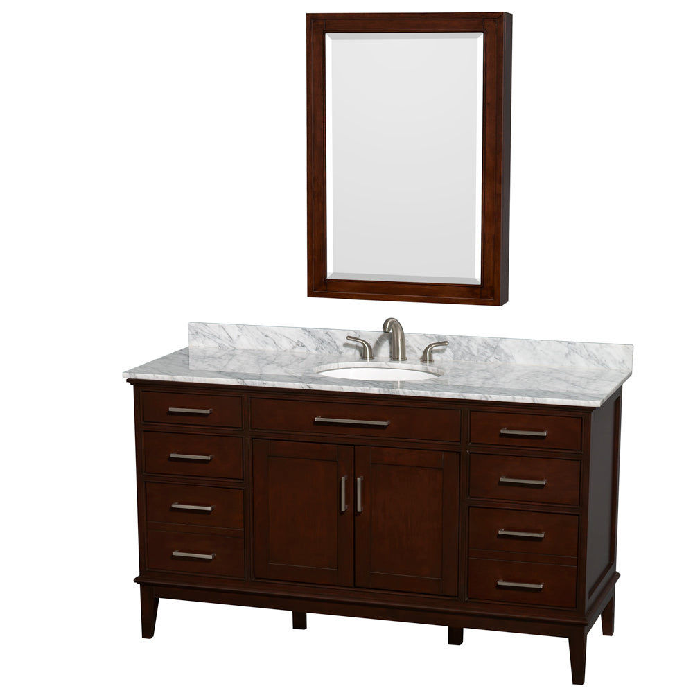 Wyndham Hatton 60 Inch Single Bathroom Vanity in Dark Chestnut, White Carrara Marble Countertop, Undermount Oval Sink, and Medicine Cabinet- Wyndham