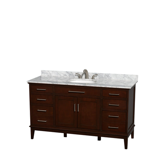 Wyndham Hatton 60 Inch Single Bathroom Vanity in Dark Chestnut, White Carrara Marble Countertop, Undermount Oval Sink, and No Mirror- Wyndham