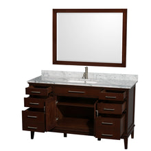 Load image into Gallery viewer, Wyndham Hatton 60 Inch Single Bathroom Vanity in Dark Chestnut, White Carrara Marble Countertop, Undermount Square Sink, and 44 Inch Mirror- Wyndham