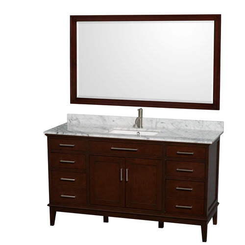 Wyndham Hatton 60 Inch Single Bathroom Vanity in Dark Chestnut, White Carrara Marble Countertop, Undermount Square Sink, and 56 Inch Mirror- Wyndham