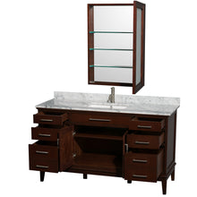 Load image into Gallery viewer, Wyndham Hatton 60 Inch Single Bathroom Vanity in Dark Chestnut, White Carrara Marble Countertop, Undermount Square Sink, and Medicine Cabinet- Wyndham