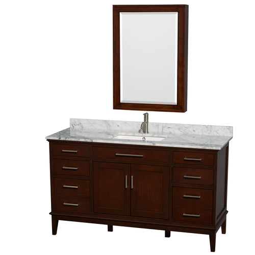 Wyndham Hatton 60 Inch Single Bathroom Vanity in Dark Chestnut, White Carrara Marble Countertop, Undermount Square Sink, and Medicine Cabinet- Wyndham