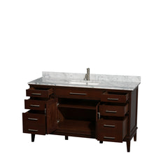 Load image into Gallery viewer, Wyndham Hatton 60 Inch Single Bathroom Vanity in Dark Chestnut, White Carrara Marble Countertop, Undermount Square Sink, and No Mirror- Wyndham