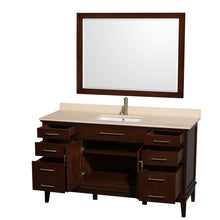 Load image into Gallery viewer, Wyndham Hatton 60 Inch Single Bathroom Vanity in Dark Chestnut, Ivory Marble Countertop, Undermount Square Sink, and 44 Inch Mirror- Wyndham