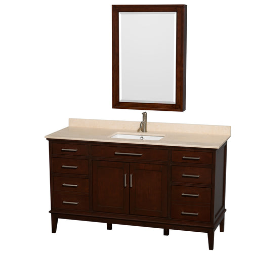 Wyndham Hatton 60 Inch Single Bathroom Vanity in Dark Chestnut, Ivory Marble Countertop, Undermount Square Sink, and Medicine Cabinet- Wyndham