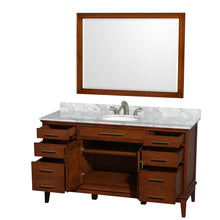 Load image into Gallery viewer, Wyndham Hatton 60 Inch Single Bathroom Vanity in Light Chestnut, White Carrara Marble Countertop, Undermount Oval Sink, and 44 Inch Mirror- Wyndham
