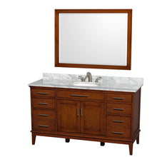 Load image into Gallery viewer, Wyndham Hatton 60 Inch Single Bathroom Vanity in Light Chestnut, White Carrara Marble Countertop, Undermount Oval Sink, and 44 Inch Mirror- Wyndham