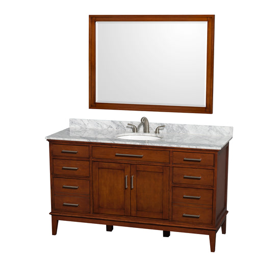 Wyndham Hatton 60 Inch Single Bathroom Vanity in Light Chestnut, White Carrara Marble Countertop, Undermount Oval Sink, and 44 Inch Mirror- Wyndham