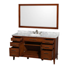 Load image into Gallery viewer, Wyndham Hatton 60 Inch Single Bathroom Vanity in Light Chestnut, White Carrara Marble Countertop, Undermount Oval Sink, and 56 Inch Mirror- Wyndham