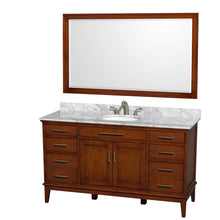 Load image into Gallery viewer, Wyndham Hatton 60 Inch Single Bathroom Vanity in Light Chestnut, White Carrara Marble Countertop, Undermount Oval Sink, and 56 Inch Mirror- Wyndham