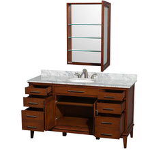 Load image into Gallery viewer, Wyndham Hatton 60 Inch Single Bathroom Vanity in Light Chestnut, White Carrara Marble Countertop, Undermount Oval Sink, and Medicine Cabinet- Wyndham