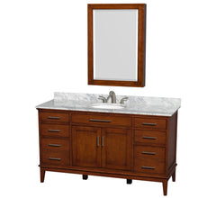Load image into Gallery viewer, Wyndham Hatton 60 Inch Single Bathroom Vanity in Light Chestnut, White Carrara Marble Countertop, Undermount Oval Sink, and Medicine Cabinet- Wyndham