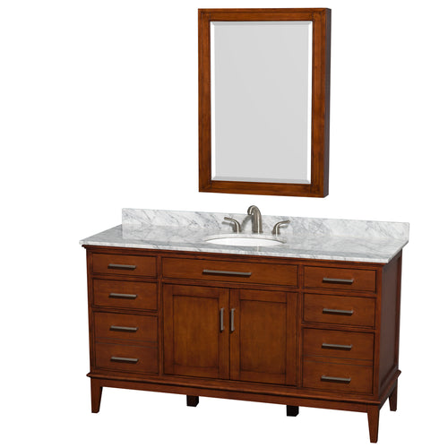 Wyndham Hatton 60 Inch Single Bathroom Vanity in Light Chestnut, White Carrara Marble Countertop, Undermount Oval Sink, and Medicine Cabinet- Wyndham
