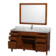 Load image into Gallery viewer, Wyndham Hatton 60 Inch Single Bathroom Vanity in Light Chestnut, White Carrara Marble Countertop, Undermount Square Sink, and 44 Inch Mirror- Wyndham