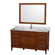 Load image into Gallery viewer, Wyndham Hatton 60 Inch Single Bathroom Vanity in Light Chestnut, White Carrara Marble Countertop, Undermount Square Sink, and 44 Inch Mirror- Wyndham