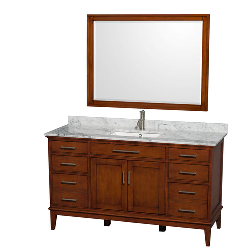 Wyndham Hatton 60 Inch Single Bathroom Vanity in Light Chestnut, White Carrara Marble Countertop, Undermount Square Sink, and 44 Inch Mirror- Wyndham