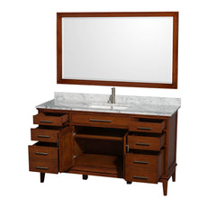 Load image into Gallery viewer, Wyndham Hatton 60 Inch Single Bathroom Vanity in Light Chestnut, White Carrara Marble Countertop, Undermount Square Sink, and 56 Inch Mirror- Wyndham