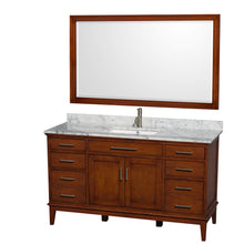 Load image into Gallery viewer, Wyndham Hatton 60 Inch Single Bathroom Vanity in Light Chestnut, White Carrara Marble Countertop, Undermount Square Sink, and 56 Inch Mirror- Wyndham