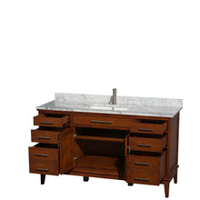 Load image into Gallery viewer, Wyndham Hatton 60 Inch Single Bathroom Vanity in Light Chestnut, White Carrara Marble Countertop, Undermount Square Sink, and No Mirror- Wyndham