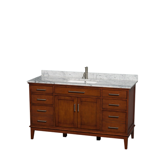 Wyndham Hatton 60 Inch Single Bathroom Vanity in Light Chestnut, White Carrara Marble Countertop, Undermount Square Sink, and No Mirror- Wyndham
