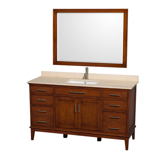 Wyndham Hatton 60 Inch Single Bathroom Vanity in Light Chestnut, Ivory Marble Countertop, Undermount Square Sink, and 44 Inch Mirror- Wyndham