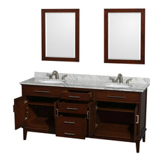 Load image into Gallery viewer, Wyndham Hatton 72 Inch Double Bathroom Vanity in Dark Chestnut, White Carrara Marble Countertop, Undermount Oval Sinks, and 24 Inch Mirrors- Wyndham