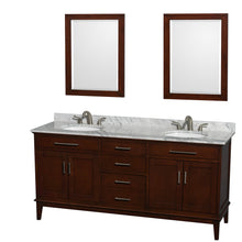 Load image into Gallery viewer, Wyndham Hatton 72 Inch Double Bathroom Vanity in Dark Chestnut, White Carrara Marble Countertop, Undermount Oval Sinks, and 24 Inch Mirrors- Wyndham