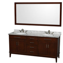Load image into Gallery viewer, Wyndham Hatton 72 Inch Double Bathroom Vanity in Dark Chestnut, White Carrara Marble Countertop, Undermount Oval Sinks, and 70 Inch Mirror- Wyndham