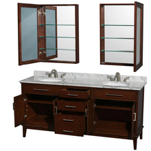 Load image into Gallery viewer, Wyndham Hatton 72 Inch Double Bathroom Vanity in Dark Chestnut, White Carrara Marble Countertop, Undermount Oval Sinks, and Medicine Cabinets- Wyndham