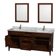 Load image into Gallery viewer, Wyndham Hatton 72 Inch Double Bathroom Vanity in Dark Chestnut, White Carrara Marble Countertop, Undermount Square Sinks, and 24 Inch Mirrors- Wyndham
