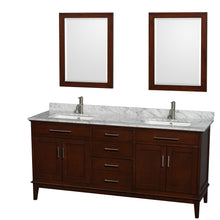 Load image into Gallery viewer, Wyndham Hatton 72 Inch Double Bathroom Vanity in Dark Chestnut, White Carrara Marble Countertop, Undermount Square Sinks, and 24 Inch Mirrors- Wyndham