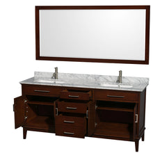 Load image into Gallery viewer, Wyndham Hatton 72 Inch Double Bathroom Vanity in Dark Chestnut, White Carrara Marble Countertop, Undermount Square Sinks, and 70 Inch Mirror- Wyndham