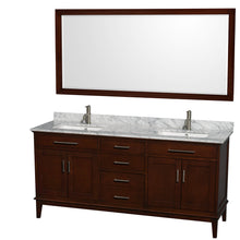 Load image into Gallery viewer, Wyndham Hatton 72 Inch Double Bathroom Vanity in Dark Chestnut, White Carrara Marble Countertop, Undermount Square Sinks, and 70 Inch Mirror- Wyndham