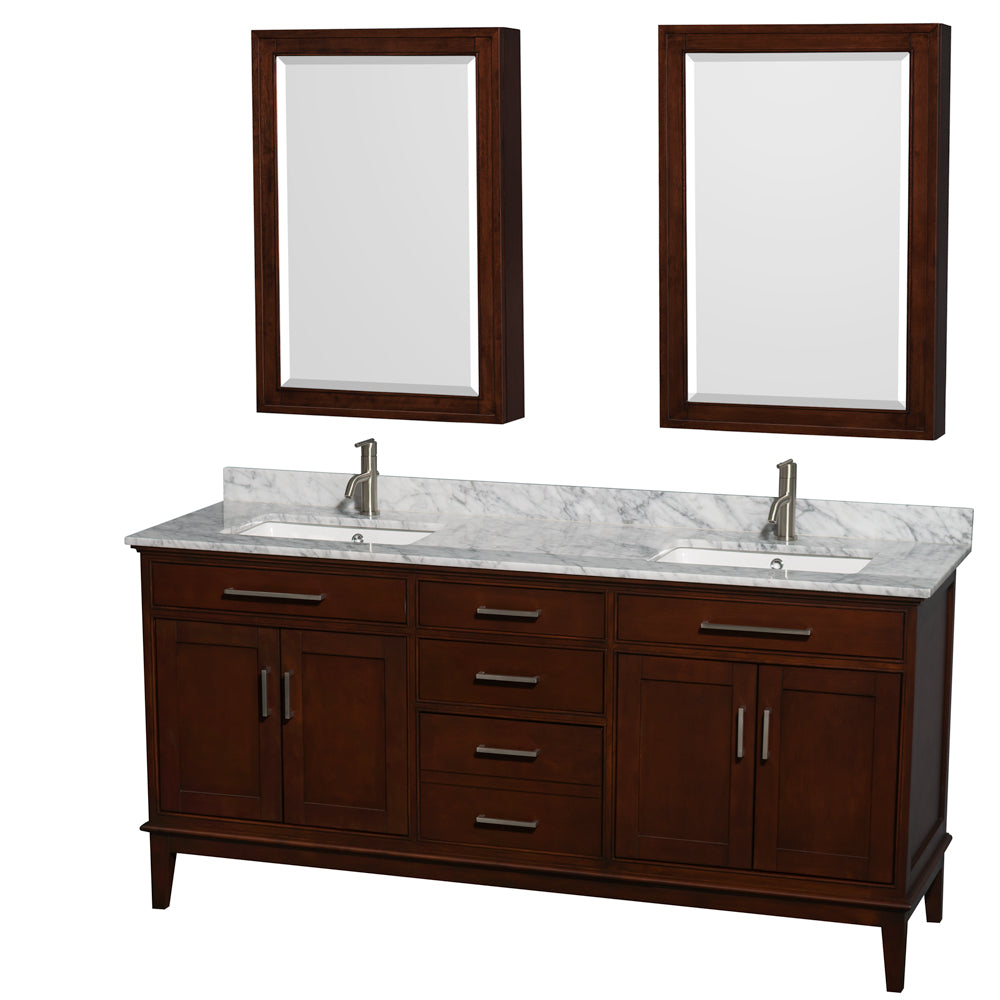 Wyndham Hatton 72 Inch Double Bathroom Vanity in Dark Chestnut, White Carrara Marble Countertop, Undermount Square Sinks, and Medicine Cabinets- Wyndham