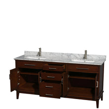 Load image into Gallery viewer, Wyndham Hatton 72 Inch Double Bathroom Vanity in Dark Chestnut, White Carrara Marble Countertop, Undermount Square Sinks, and No Mirror- Wyndham