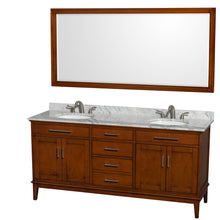 Load image into Gallery viewer, Wyndham Hatton 72 Inch Double Bathroom Vanity in Light Chestnut, White Carrara Marble Countertop, Undermount Oval Sinks, and 70 Inch Mirror- Wyndham