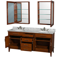 Load image into Gallery viewer, Wyndham Hatton 72 Inch Double Bathroom Vanity in Light Chestnut, White Carrara Marble Countertop, Undermount Oval Sinks, and Medicine Cabinets- Wyndham